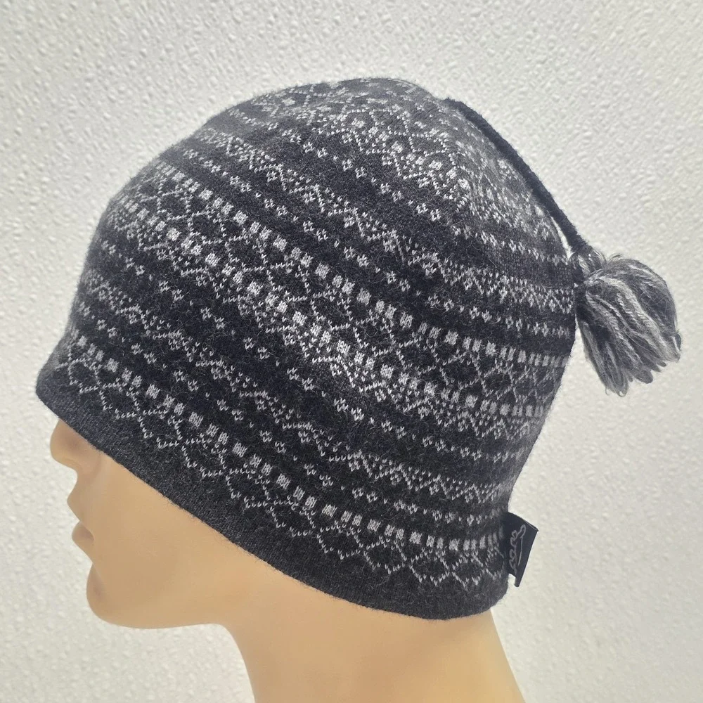 Turtle Fur Merino Wool Fair Isle Beanie Hat Black & Gray - Made in Canada